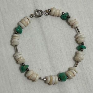 Turquoise Nugget & Pukka Shell Beaded Bracelet with Silver Hardware 7"